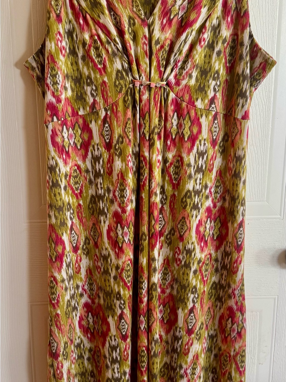 Ruby Rd Pink Green Ikat Print V-Neck Embellished Maxi Dress XL